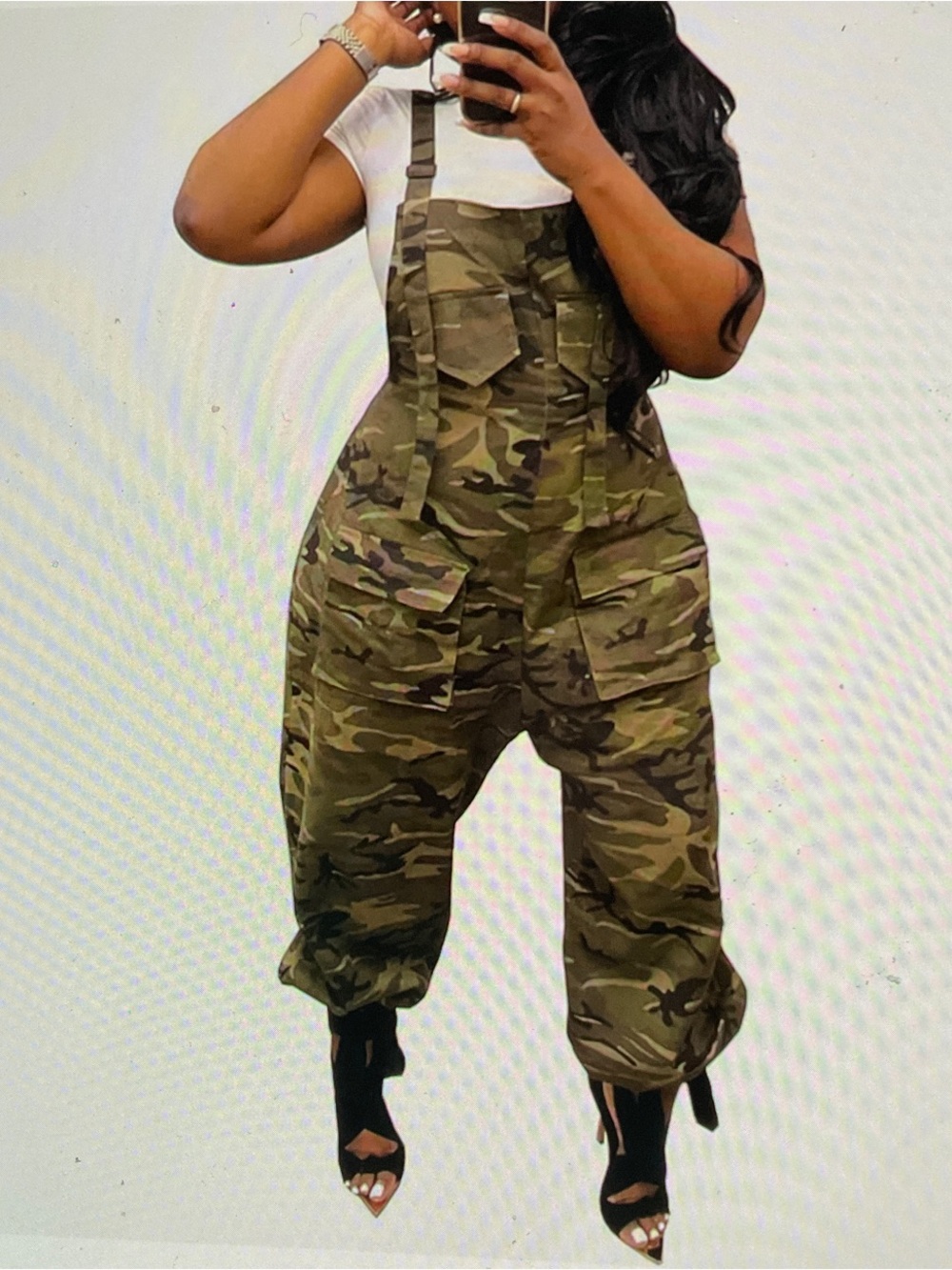 Camouflage Loose Fit Overalls Jumpsuit.  Abby Bib Pants in Green Camo. Size Med